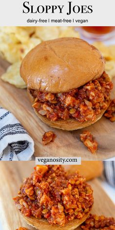 sloppy joe's hamburger on a wooden cutting board