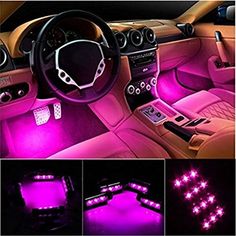 the interior of a car is shown with purple lights on it, and there are pictures of