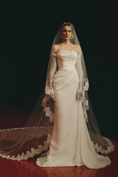 a woman wearing a wedding dress and veil