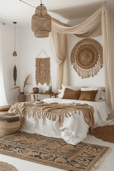 a bedroom with white walls and beige decor