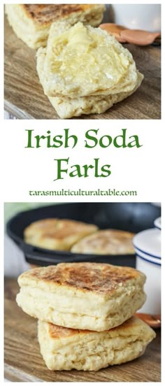 three pancakes stacked on top of each other with the words irish soda falls above them