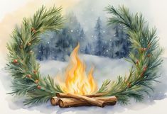 a watercolor painting of a wreath with fire in the middle and pine branches around it