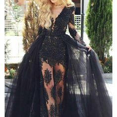 Size 4 Beautiful Dress Worn Once For A Photoshoot! Form Fitting And See Through But Covers Just Enough! Long Black Prom Dress, Prom Dress With Train, Cheap Prom Dresses Long, Detachable Train, Dark Wedding, Long Sleeve Evening Dresses, 16 Dresses, Black Prom Dress, Black Prom