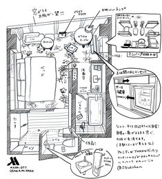 a drawing of a kitchen with lots of stuff on the floor and in it's walls