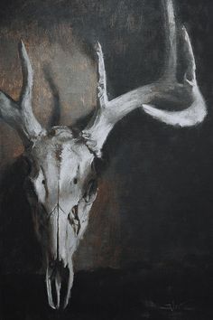 a painting of a deer's head with antlers on the back ground, in black and white