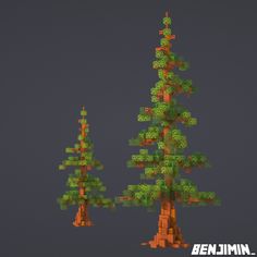 two trees made out of lego blocks on a dark background with the words minecraft above them