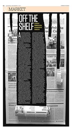 the front page of market off the shelf newspaper on an iphone screen, with text below it