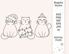 three cats sitting next to each other on a pink background with the words svg dxf