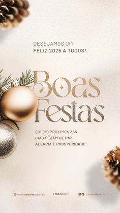 an advertisement for boas festas with ornaments and pine cones on the side, in spanish