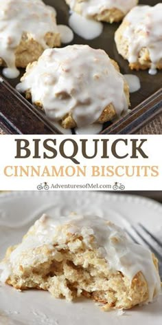 cinnamon biscuits with icing are on a white plate and in the background there is a baking pan