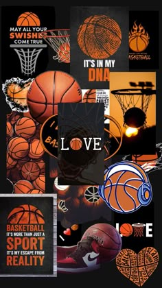 basketball collage with the words love and many different sports related items in orange, black and white