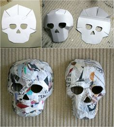 paper mache skull masks are shown in three different ways