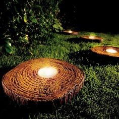 several lit candles sitting on top of a lush green field