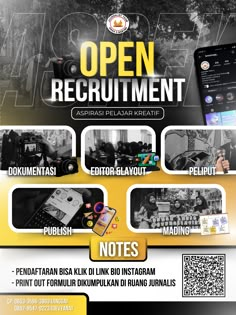 the flyer for an upcoming event with photos and text on it, which reads open recruitment