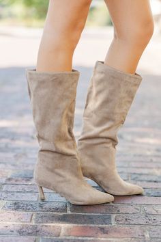 shop the mint, trendy online boutique, boutique clothing Beige Kitten Heel Boots, Suede Ankle-high Boots With Heel Tab, Taupe Ankle-high Boots For Spring, Elegant Beige Ankle-high Heeled Boots, Taupe Ankle-high Boots Medium Width, Kitten Heel Boots, Wedge Heel Sneakers, Faux Suede Boots, Heel Accessories