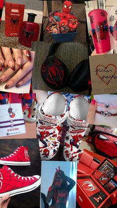 a collage of photos with red shoes and spider - man designs on them,