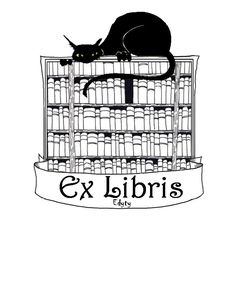 a black cat is sitting on top of a shelf filled with bottles and jars that are labeled ex libris