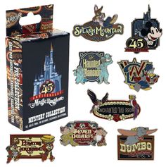 disney pins and magnets are in a box with the disneyland castle logo on it