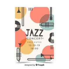 a jazz concert poster with musical instruments and circles on the cover, in pastel colors