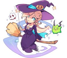 a cartoon character dressed as a witch flying through the air with a broom and pumpkin in her hand