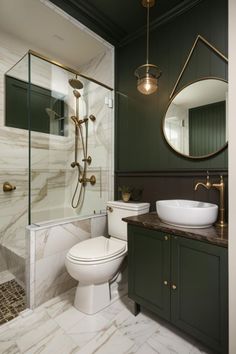 Main Restroom Ideas, Guest Bathroom Gold Accents, Dark Green And Brass Bathroom, Bathroom Ideas Green And Gold, Green Bathroom Gold Accents, Black Green Gold Bathroom, Green And Marble Bathroom, Black And Green Bathroom, Cream And Black Bathroom