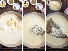 the process to make cheesecakes is shown in three different stages, including mixing