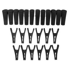 black plastic cup holders with handles and clips on white background, set of 12 pieces