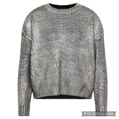 This Pullover Sweater From Vince Camuto Is Sure To Turn Heads While You Effortlessly Pull It Off With Any Pair Of Bottoms! Not To Mention It’s Ultra Comfy Cozy With The Extra Soft Yet Warm Lining! Silver Metallic Over A Black Textured Knit Fabric Featuring A Ribbed Crew Neckline, Long Sleeves, Drop Shoulders, Ribbed Cuffs & Finished With A Thick Ribbed Knit Hemline. Relaxed Fit Jumper, Super Flattering! Size Large, In Brand New Condition Never Worn, Zero Flaws, Tags Not Attached. Chic Silver Tops For Winter, Chic Silver Tops For Fall, Silver Crew Neck Top For Fall, Silver Tops For Winter Night Out, Silver Top For Winter Night Out, Trendy Silver Tops For Winter, Elegant Silver Winter Top, Elegant Silver Tops For Winter, Silver Long Sleeve Tops For Fall