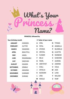 the princess name game is shown on a pink background