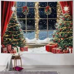 christmas tree and presents in front of a window with lights on the windowsills