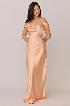 Model: Yukari; Size: 10; Color: Peach Off Shoulder Satin Dress, Peach Wedding Dress, Wedding Parties Colors, Bridesmaid Dress Colors, Fitted Wedding Dress, Peach Wedding, Soft Autumn, Dress Home, Colorful Party