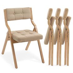 a set of six wooden chairs next to each other