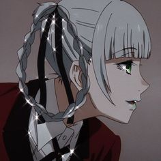 an anime character with white hair and green eyes looking to the side while wearing a red jacket