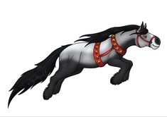 a cartoon horse with black manes and red harness on it's back legs