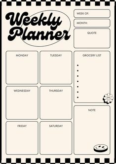 the weekly planner is shown in black and white