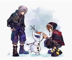 two anime characters, one is making a snowman and the other is looking at him