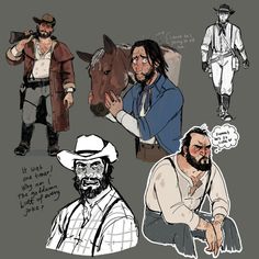 some drawings of men with hats and beards, one is wearing a cowboy hat