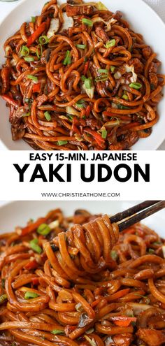 Yaki Udon. Bouncy chewy udon noodles stir fried in a delicious sweet savory sauce with vegetables and your choice of protein. This Japanese stir-fried noodle dish comes together quickly in just 15 minutes with simple ingredients in one pan! Shrimp Yaki Udon, Cabbage Udon Noodles, Japanese Pan Fried Noodles, Japanese Pan Noodles Noodles And Company, Noodles And Company Japanese Pan Noodles, Stir Fry Udon Noodles Recipe, Korean Udon Noodle Recipe, Japanese Pan Noodles Copycat, Udon Toppings