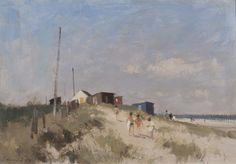 an oil painting of people walking on the beach near some houses and water tower in the distance