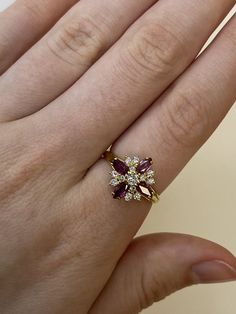 18carat yellow gold ruby and diamond ring-  0.33CTW Ring size: N(uk), 6 1/2(USA) Weight: 3.2grams  Price: £595.00 All articles come presented in a gift box Fine Jewelry Yellow Gold Ruby Ring With Brilliant Cut, Gold Amethyst Ring With Brilliant Cut Diamond, Diamond-encrusted Ruby Promise Ring, Diamond Ruby Promise Ring Hallmarked, Emerald Cut Gold Ruby Ring In Fine Jewelry Style, Promise Ruby Ring With Diamond Hallmarked, Diamond Amethyst Ring In Yellow Gold For Anniversary, Emerald Cut Gold Ruby Ring Fine Jewelry, Formal Multi-stone Marquise Ruby Ring