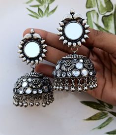 Earring Photoshoot, Mirror Jhumka, Jhumka Collection, Jhumka Design, Stylish Jewelry Accessories, Trendy Silver Jewelry, Stylish Mirror, Oxidised Earrings, Creative Jewelry Photography