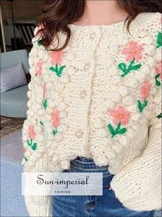 Sun-imperial - over sized beige knitted cardigan with floral embroidery detail and pearl buttons – SUN-IMPERIAL Pink Cardigan Sweater, Knitted Cardigans, Pearl Beading, Handmade Sweater, Cottagecore Style, Embroidered Cardigan, Floral Outfit, Pink Cardigan, Sweater Gift