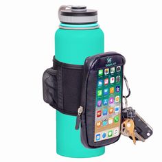 a blue water bottle with a cell phone in it and a keychain attached to it