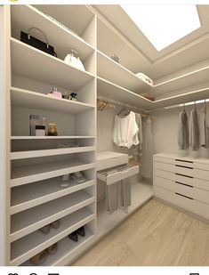 an image of a walk in closet with white shelves