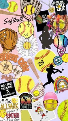 various softball stickers and decals are arranged on a purple background with white flowers