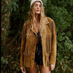 Calling All Of My Penny Lane Girls!!!! This Is The Epitome Of Boho, Woodstock, Rich Hippie Look.. Gorgeous Heavy Weight And I Mean Heavy!!! Suede And Silver Studs Button Front Jacket With The Softest Swingy Fringe!! This Could Easily Be A Winter Coat It’s So Well Made!!! Tags Attached.. Sold Out Style!!! Very Generous In Sizing Too.. Maybe Up To Two Sizes Bigger!! Studded Leather Jacket, Vintage Fringe, Suede Leather Jacket, Fringe Leather Jacket, Studded Jacket, Western Jacket, Suede Fringe Jacket, Womens Jackets, Fringe Jacket