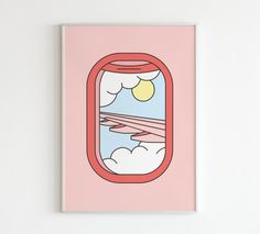 an airplane window with the sky and clouds seen from it's inside, on a pink background