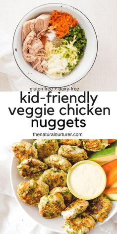 a bowl filled with veggie chicken nuggies next to a plate of vegetables