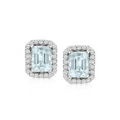 Ross-Simons - 3.20ct t. w. Aquamarine, .44ct t. w. Diamond Earrings in 14kt White Gold. It's never too early to usher in your March birthday with these ethereal earrings! Elegant 3.20 ct. t. w. emerald-cut aquamarines flash beautiful baby-blue sparkle, elevated further by .44 ct. t. w. round brilliant-cut diamond frames. Finely crafted in polished 14kt white gold. Post/clutch, diamond and aquamarine earrings. Aquamarine birthstones are the perfect gift for March birthdays. Aqua Marine Earrings, Ethereal Earrings, March Birthdays, Aquamarine Birthstone, March Birthday, Blue Sparkle, Diamond Frame, Aquamarine Earrings, Blue Sparkles