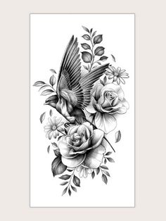 a black and white drawing of flowers with a bird